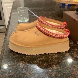 UGG Tan Suede Platform Slippers with Red Trim